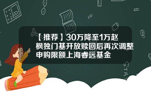 【推荐】30万降至1万赵枫独门基开放赎回后再次调整申购限额上海睿远基金