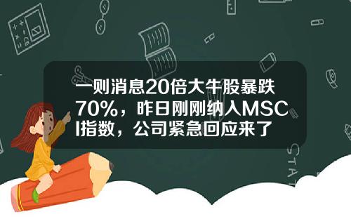 一则消息20倍大牛股暴跌70%，昨日刚刚纳入MSCI指数，公司紧急回应来了