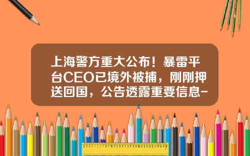 上海警方重大公布！暴雷平台CEO已境外被捕，刚刚押送回国，公告透露重要信息-非法集资公司高管