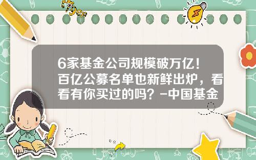 6家基金公司规模破万亿！百亿公募名单也新鲜出炉，看看有你买过的吗？-中国基金公司