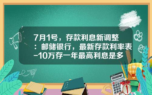 7月1号，存款利息新调整：邮储银行，最新存款利率表-10万存一年最高利息是多少钱