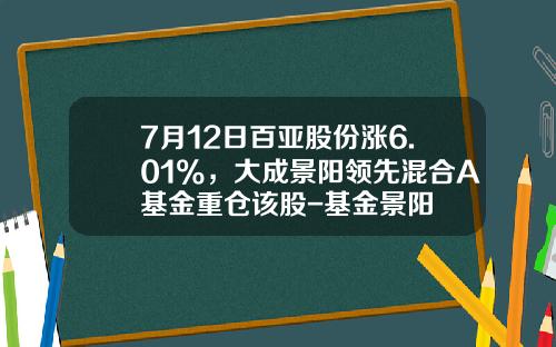 7月12日百亚股份涨6.01%，大成景阳领先混合A基金重仓该股-基金景阳