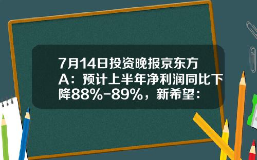7月14日投资晚报京东方A：预计上半年净利润同比下降88%-89%，新希望：预计上半年净亏损27.9亿元-29.9亿元，鸿博股份：预计上半年净亏损2530万元–3390万元-新希望股票相关资讯