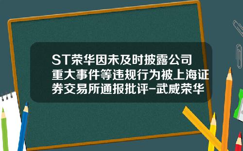 ST荣华因未及时披露公司重大事件等违规行为被上海证券交易所通报批评-武威荣华工贸有限公司董事长