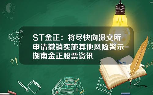 ST金正：将尽快向深交所申请撤销实施其他风险警示-湖南金正股票资讯